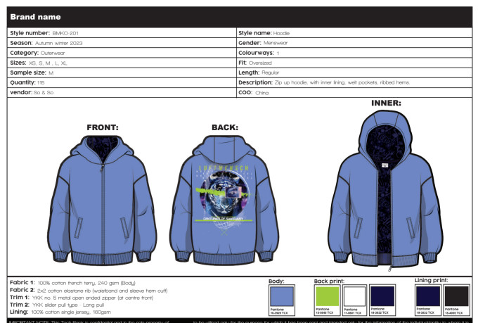 create flat sketch and tech pack for fashion garment